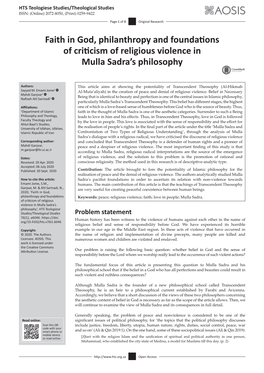 Faith in God, Philanthropy and Foundations of Criticism of Religious Violence in Mulla Sadra’S Philosophy