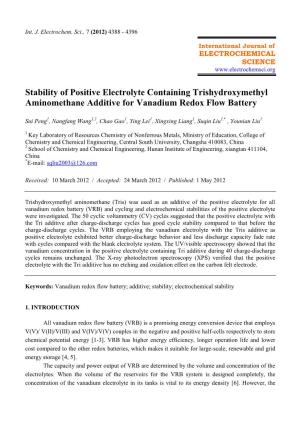 Stability of Positive Electrolyte Containing Trishydroxymethyl Aminomethane Additive for Vanadium Redox Flow Battery