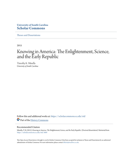 Knowing in America: the Enlightenment, Science, and the Early Republic