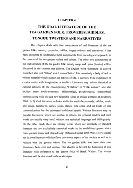 The Oral Literature of the Tea Garden Folk: Proverbs, Riddles, Tongue Twisters and Narratives