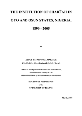 The Institution of Sharia in Oyo and Osun States, Nigeria, 1890–2005
