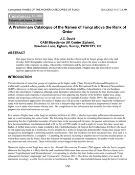 Constancea: NAMES of the HIGHER CATEGORIES of FUNGI 12/13/2002 11:17:33 AM Constancea 83, 2002 University and Jepson Herbaria P.C