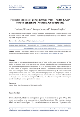 Two New Species of Genus Limnias from Thailand, with Keys to Congeners (Rotifera, Gnesiotrocha)
