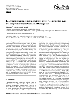 Long-Term Summer Sunshine/Moisture Stress Reconstruction from Tree-Ring Widths from Bosnia and Herzegovina