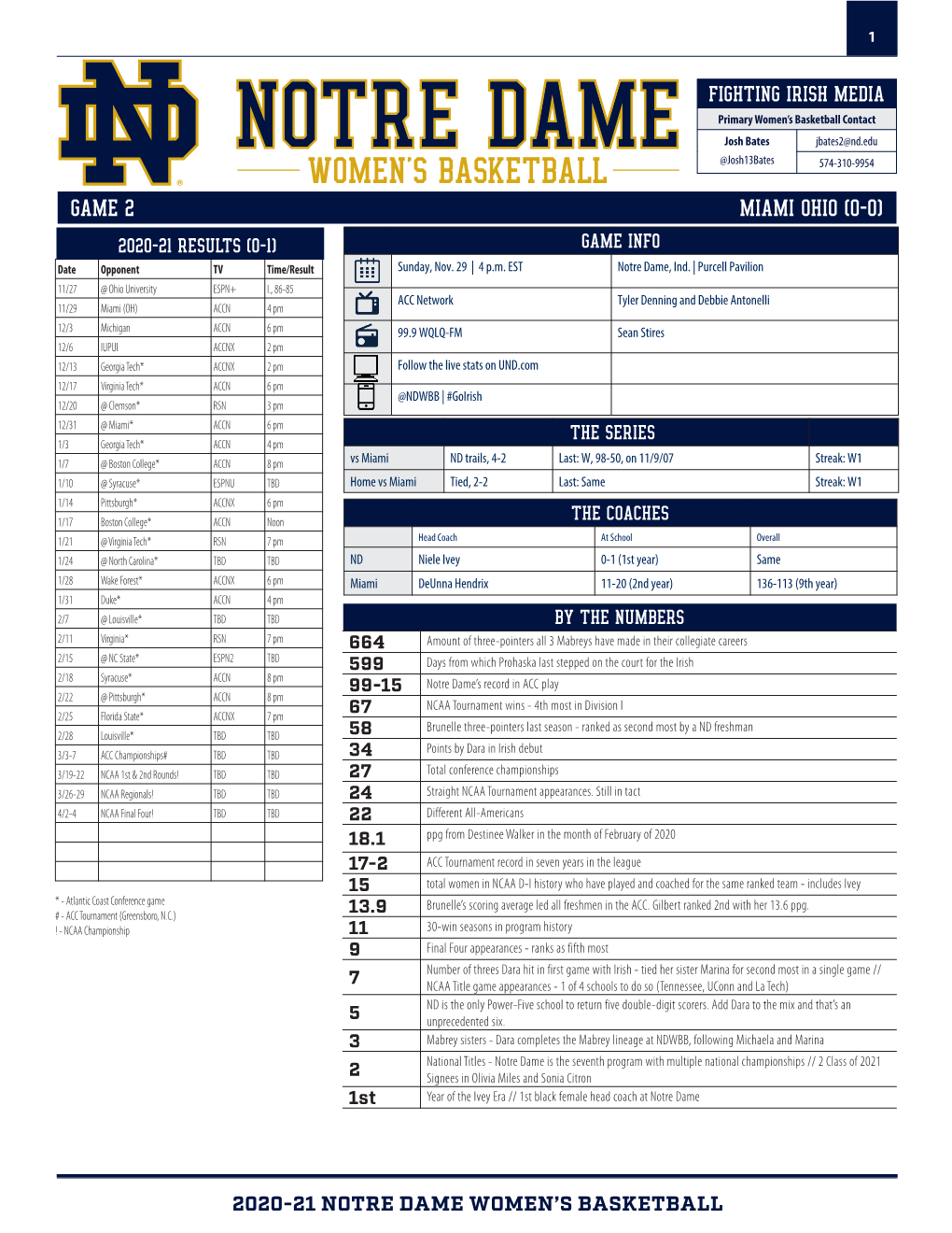 GAME 2 MIAMI OHIO (0-0) 2020-21 RESULTS (0-1) GAME INFO Date Opponent TV Time/Result Sunday, Nov