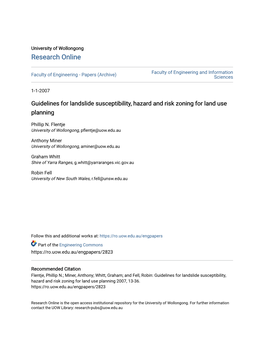 Guidelines for Landslide Susceptibility, Hazard and Risk Zoning for Land Use Planning