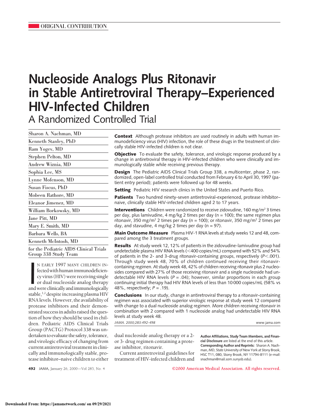 Nucleoside Analogs Plus Ritonavir in Stable Antiretroviral Therapy–Experienced HIV-Infected Children a Randomized Controlled Trial