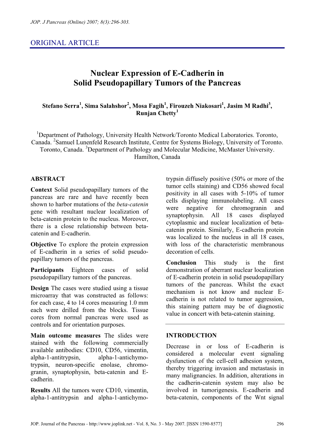 Nuclear Expression of E-Cadherin in Solid Pseudopapillary Tumors of the Pancreas