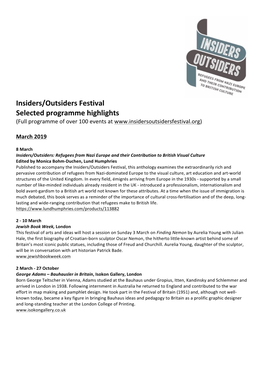 Insiders/Outsiders Festival Selected Programme Highlights (Full Programme of Over 100 Events At