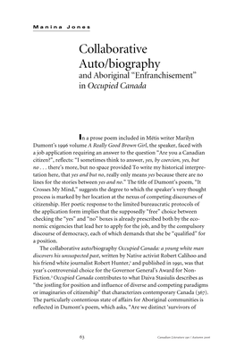 Collaborative Auto/Biography and Aboriginal “Enfranchisement” in Occupied Canada