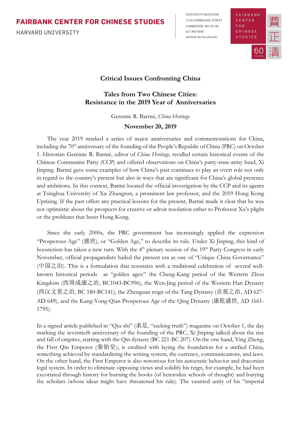 Critical Issues Confronting China Tales from Two Chinese Cities: Resistance in the 2019 Year of Anniversaries