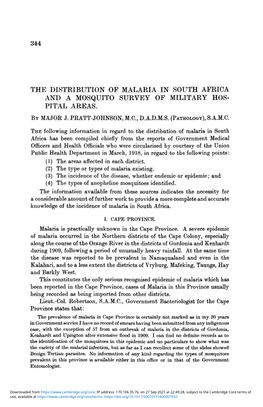 The Distribution of Malaria in South Africa and a Mosquito Survey Of