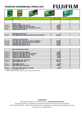 Fujifilm Commercial Price List