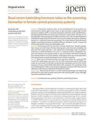Basal Serum Luteinizing Hormone Value As the Screening Biomarker in Female Central Precocious Puberty