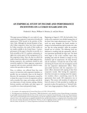 An Empirical Study of Income and Performance Incentives on a Cuban Sugarcane Cpa