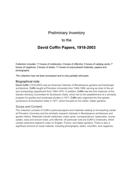 Preliminary Inventory to the David Coffin Papers, 1918-2003