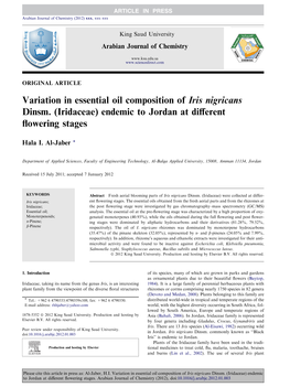 Variation in Essential Oil Composition of Iris Nigricans Dinsm. (Iridaceae) Endemic to Jordan at Diﬀerent ﬂowering Stages