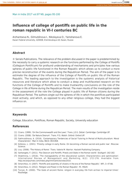 Influence of College of Pontiffs on Public Life in the Roman Republic in VI-I Centuries BC