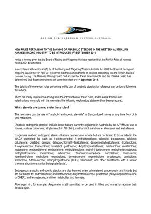 New Rules Pertaining to the Banning of Anabolic Steroids in the Western Australian Harness Racing Industry to Be Introduced 1St September 2014