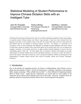 Statistical Modeling of Student Performance to Improve Chinese Dictation Skills with an Intelligent Tutor