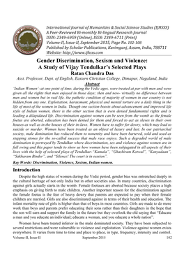 Gender Discrimination, Sexism and Violence: a Study of Vijay Tendulkar’S Selected Plays Ratan Chandra Das Asst