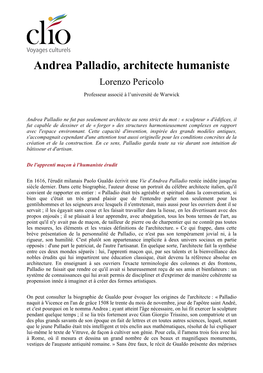 Andrea Palladio, Architecte Humaniste Lorenzo Pericolo Professeur Associé À L’Université De Warwick