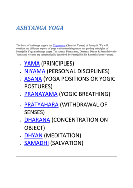 Ashtanga Yoga Yama (Principles) Niyama