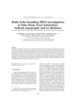 Radio Echo Sounding (RES) Investigations at Talos Dome (East Antarctica): Bedrock Topography and Ice Thickness