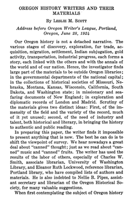 OREGON HISTORY WRITERS and THEIR MATERIALS by LESLIE M