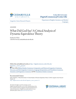 What Did God Say? a Critical Analysis of Dynamic Equivalence Theory Katelyn R