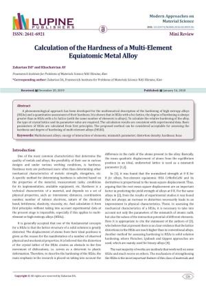 Calculation of the Hardness of a Multi-Element Equiatomic Metal Alloy