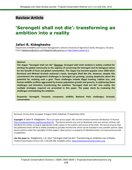 'Serengeti Shall Not Die': Transforming an Ambition Into a Reality