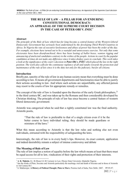 The Rule of Law – a Pillar for an Enduring Constitutional Democracy: an Appraisal of the Supreme Court Decision in the Case of Peter Obi V