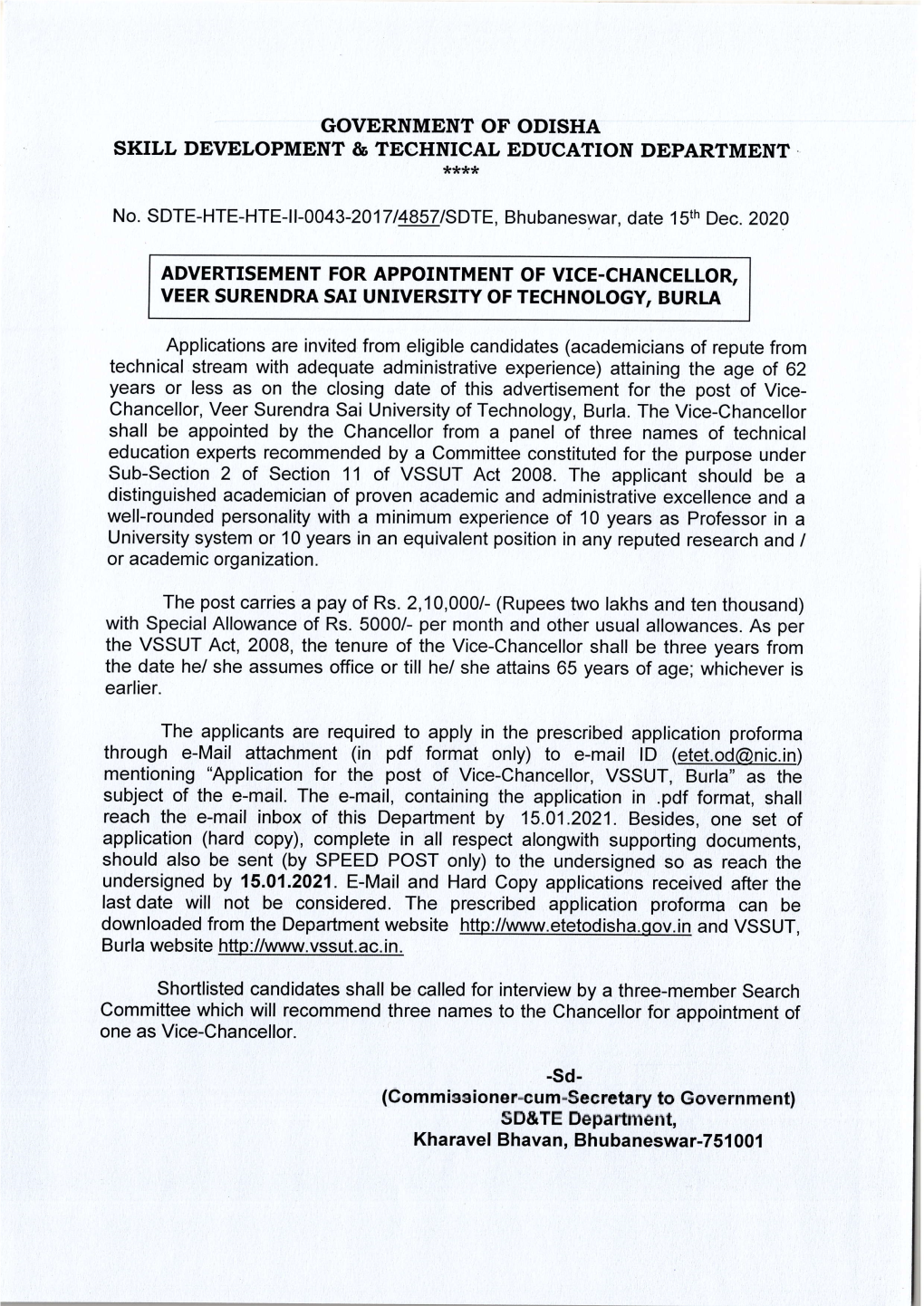 Advertisement for Appotntment of Vice-Chancellor, Veer Surendra Sai