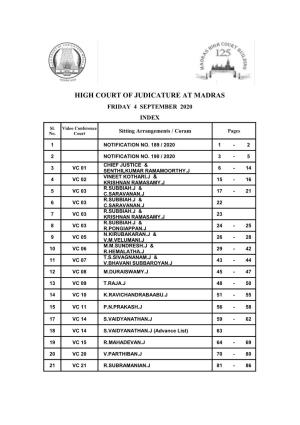 High Court of Judicature at Madras Friday 4 September 2020 Index