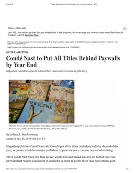 Condé Nast to Put All Titles Behind Paywalls by Year End - WSJ