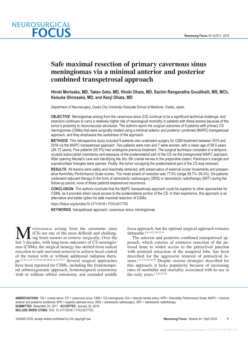 Safe Maximal Resection of Primary Cavernous Sinus Meningiomas Via a ...