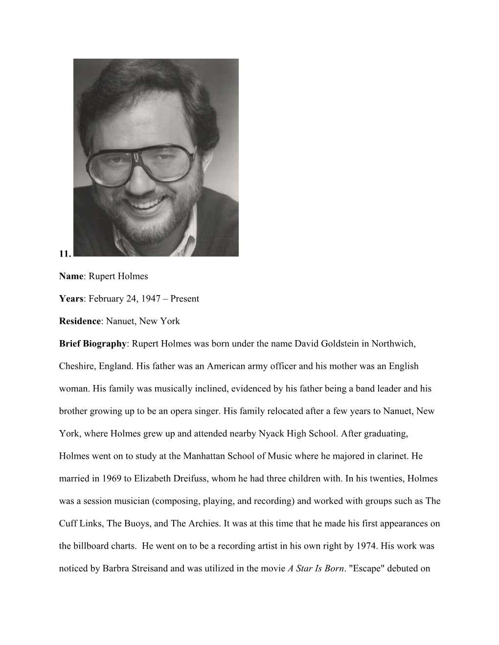 Nanuet, New York Brief Biography: Rupert Holmes Was Born