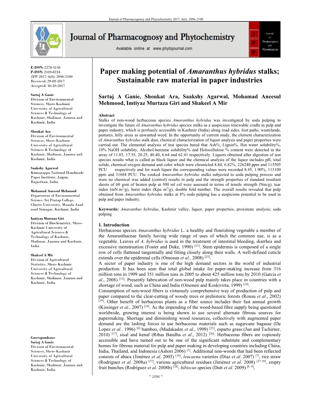 Sustainable Raw Material in Paper Industries Accepted: 30-10-2017