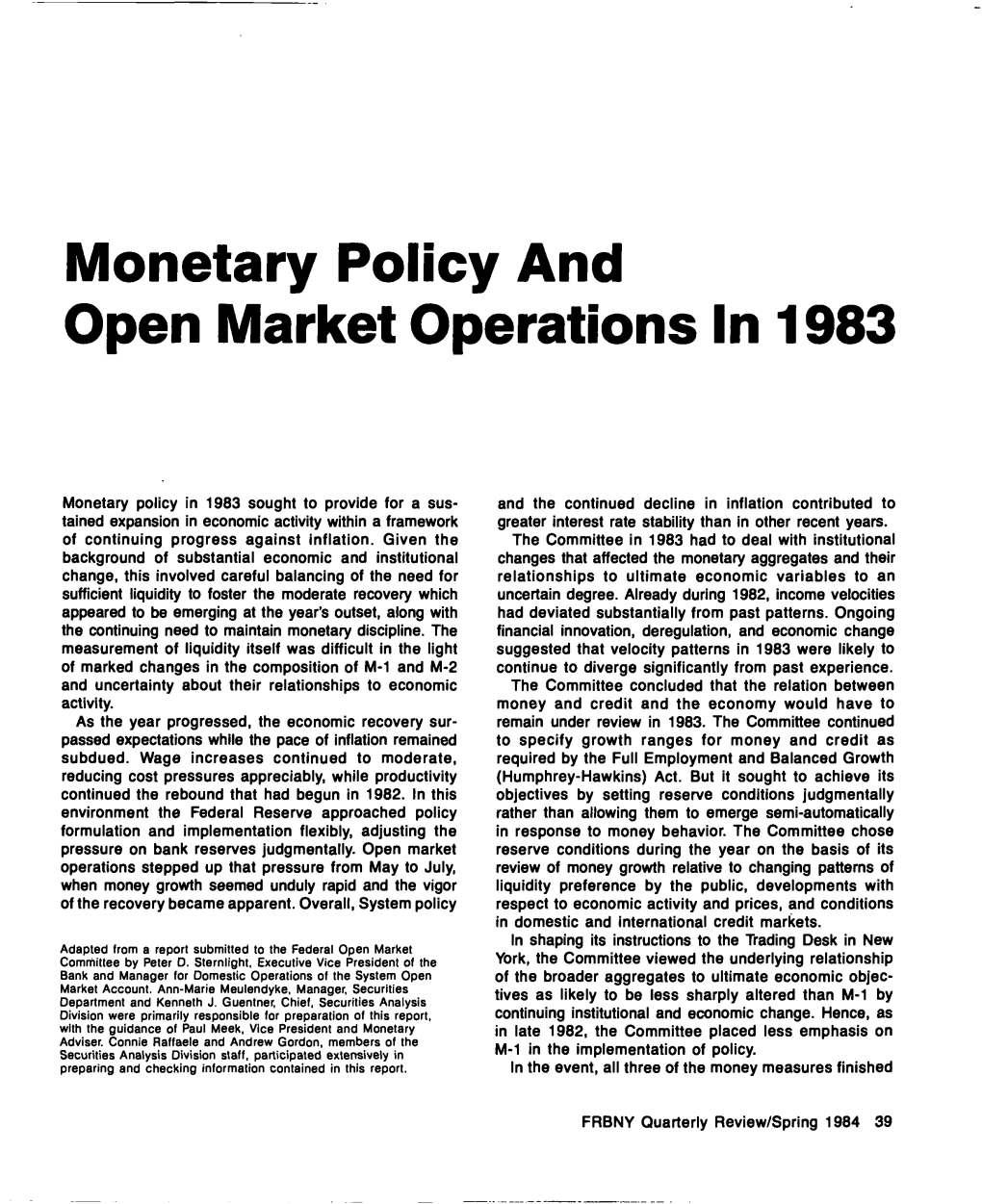 Monetary Policy and Open Market Operations in 1983