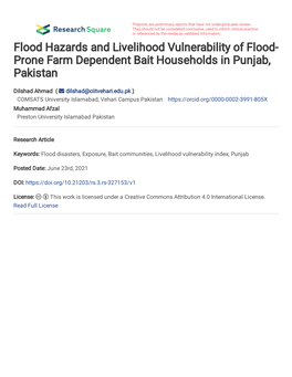 Flood Hazards and Livelihood Vulnerability of Flood- Prone Farm Dependent Bait Households in Punjab, Pakistan
