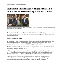 Remaniement Ministériel Majeur Au N.-B. : Boudreau Et Arseneault Quittent Le Cabinet