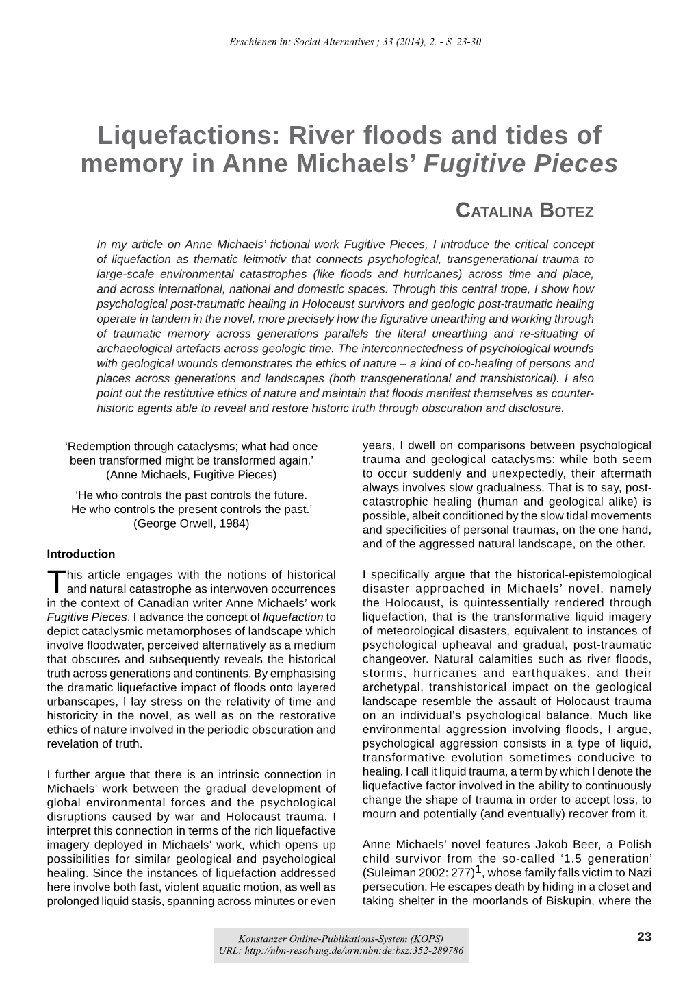 River ¿Oods and Tides of Memory in Anne Michaels' Fugitive Pieces