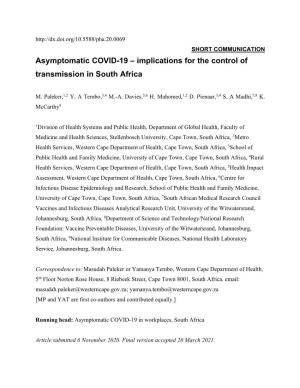 Asymptomatic COVID-19 – Implications for the Control of Transmission in South Africa