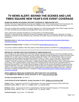 Tv News Alert: Behind-The-Scenes and Live Times Square New Year’S Eve Event Coverage