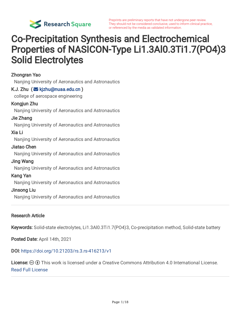 Co Precipitation Synthesis And Electrochemical Properties Of Nasicon Type Li1 3al0 3ti1 7 Po4 3