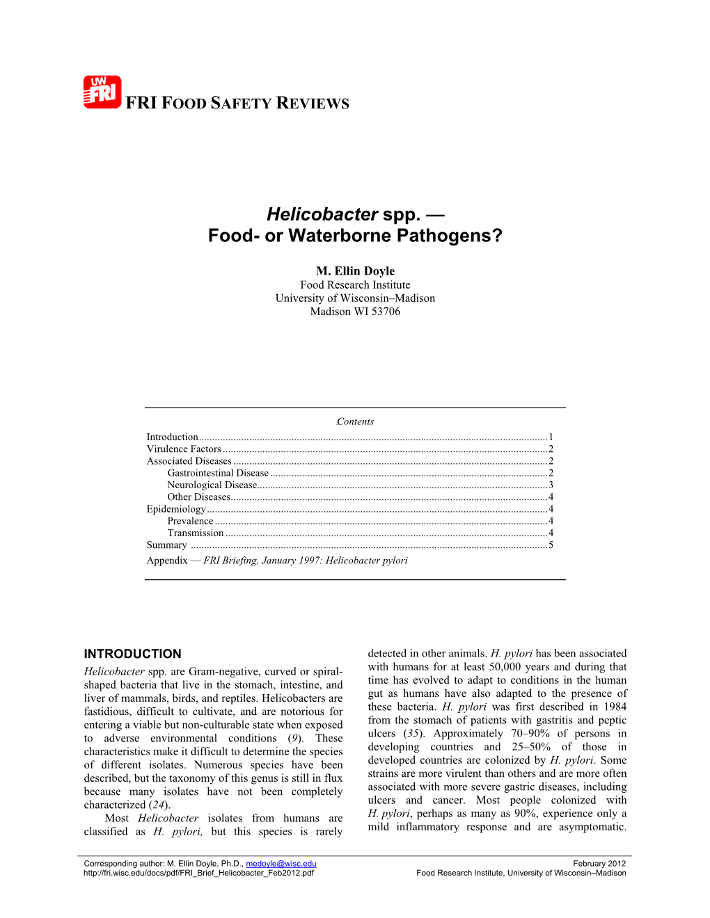 Helicobacter Spp. — Food- Or Waterborne Pathogens?