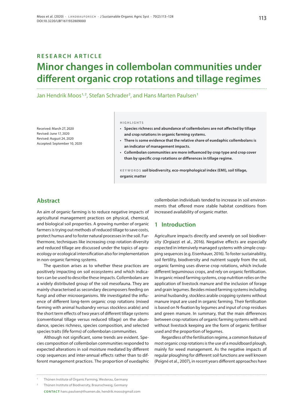 Minor Changes in Collembolan Communities Under Different Organic Crop Rotations and Tillage Regimes