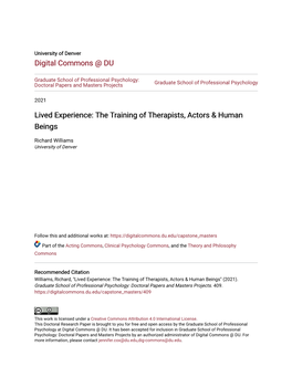 Lived Experience: the Training of Therapists, Actors & Human Beings
