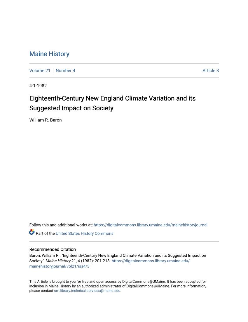 Eighteenth-Century New England Climate Variation and Its Suggested Impact on Society